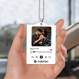 Hand holding Personalised Car Keepsake 2x4 Inches MDF featuring custom photo and Spotify code, perfect for gifting and car decoration.