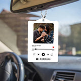 Personalised Car Keepsake 2x4 Inches MDF hanging on rearview mirror with custom photo and Spotify song code, ideal for vehicle decor.