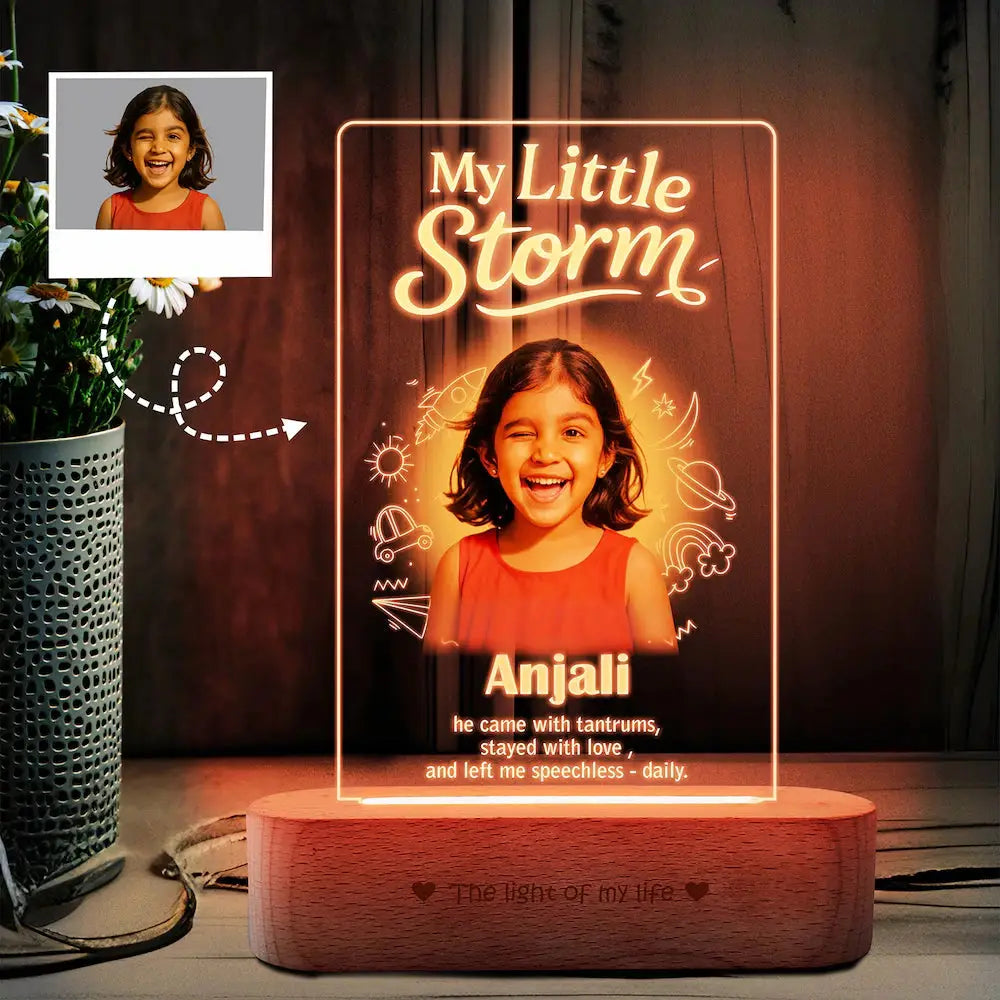 Customizable LED photo frame for girls with name and image upload option, perfect personalized gift for sister with warm light and wood base.