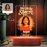 Customizable LED photo frame for girls with name and image upload option, perfect personalized gift for sister with warm light and wood base.