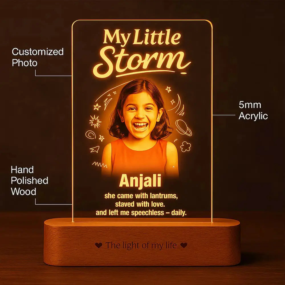 Personalized Girl Photo Frame with custom name and photo on 5mm acrylic, mounted on hand-polished wood, ideal for sister gifts and home decor.