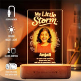 LED night light photo frame for girls with custom image, USB powered, clear acrylic, and wooden base, perfect personalized gift for sister.