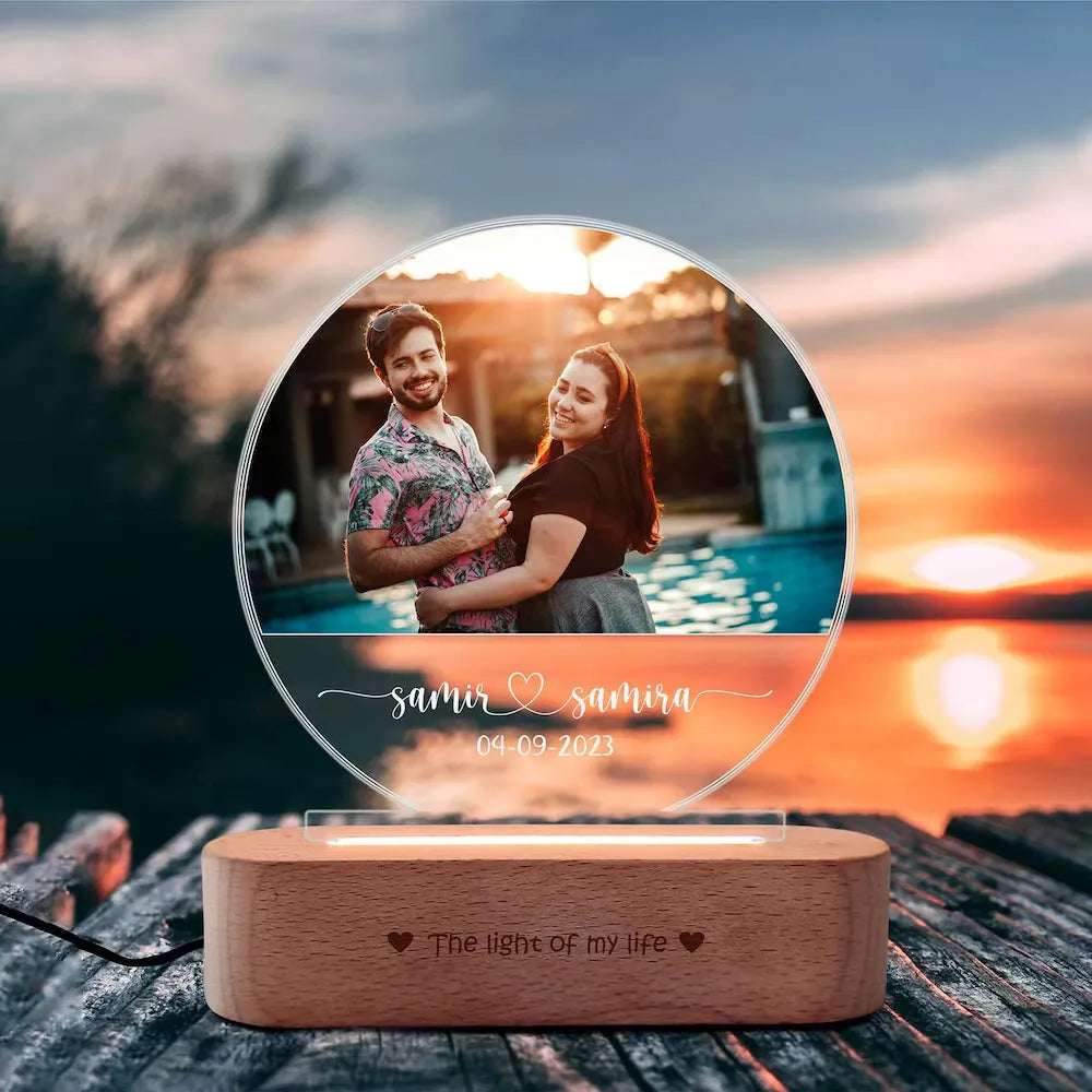 Custom Photo Lamp - Light Up Moments featuring a couple's image on a half moon acrylic panel with wooden base, ideal for romantic home decor.