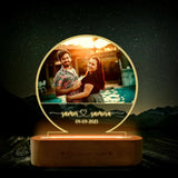 Personalized Custom Photo Lamp glowing at night with engraved names and date, perfect for gifts and ambient lighting in home & garden spaces.