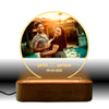 LED Custom Photo Lamp with warm light, showcasing a couple's photo and custom text on acrylic, set on a wooden base for personalized home lighting.