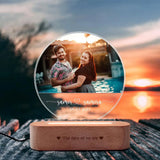 Custom Photo Lamp - Light Up Moments featuring a couple's image on a half moon acrylic panel with wooden base, ideal for romantic home decor.