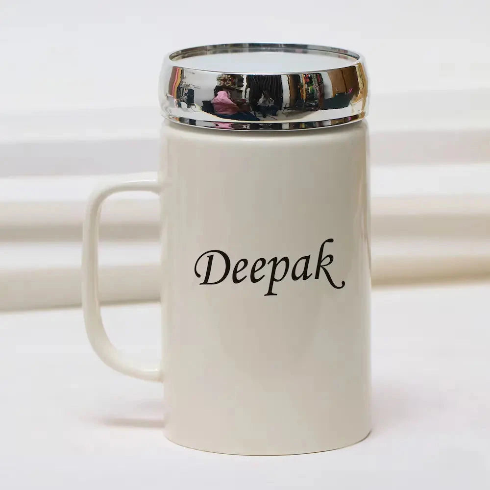 Personalized coffee mug with mirror lid in white ceramic, 325ml capacity, featuring the name 'Deepak' in elegant script.