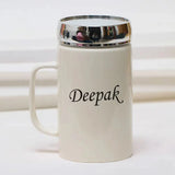 Personalized coffee mug with mirror lid in white ceramic, 325ml capacity, featuring the name 'Deepak' in elegant script.