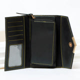 Black leather wallet with gold stitching on a white background