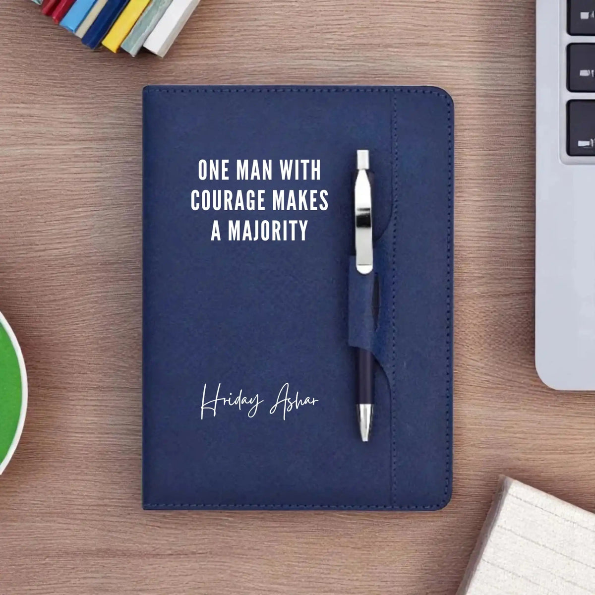 Lead with Courage Notebook - Blue Pen Set | A5, Non-Dated diary with quote 'One man with courage makes a majority' and personalized name on cover.