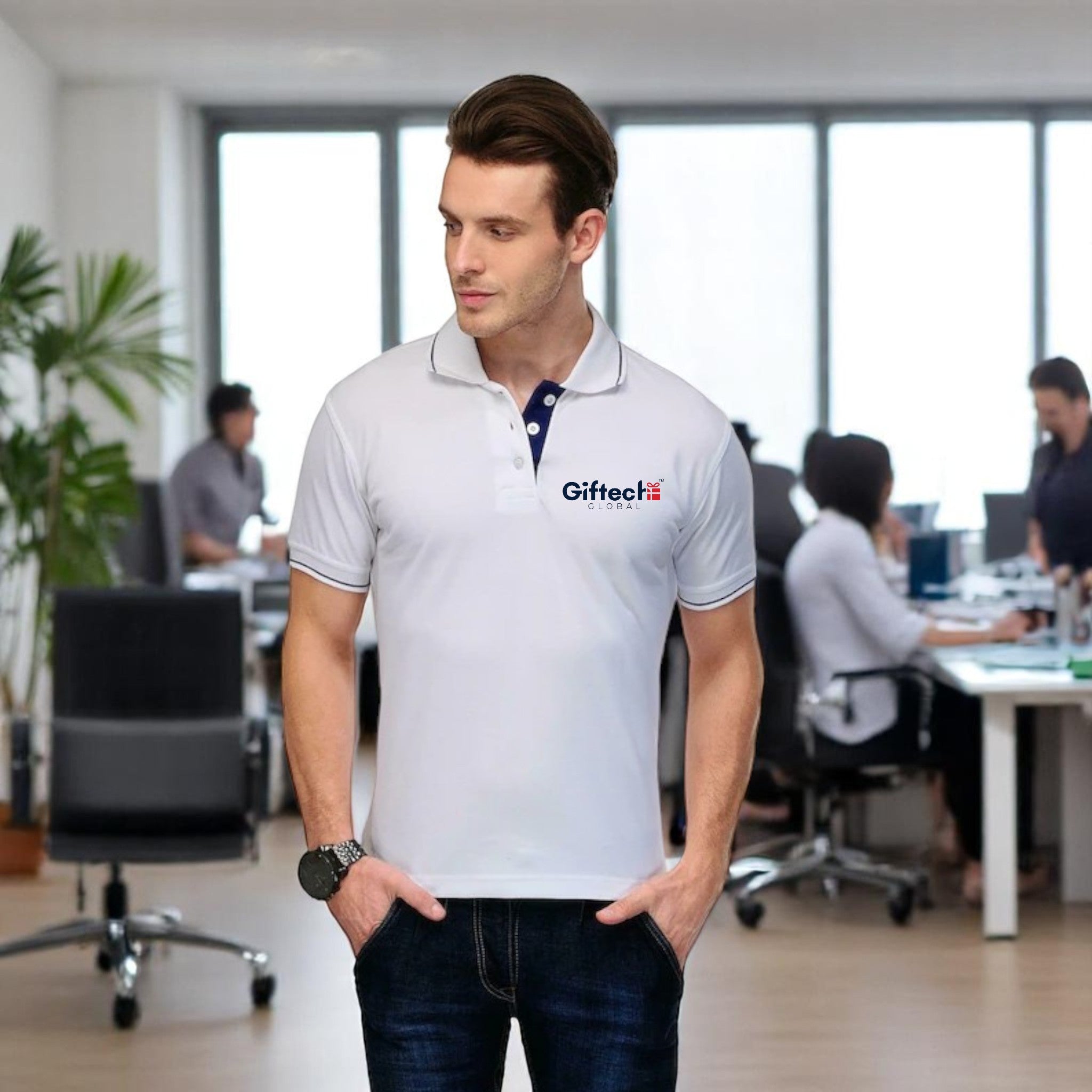 Men's Tipped Elegance Polo T-shirt with Embroidered Logo White with Royal Blue