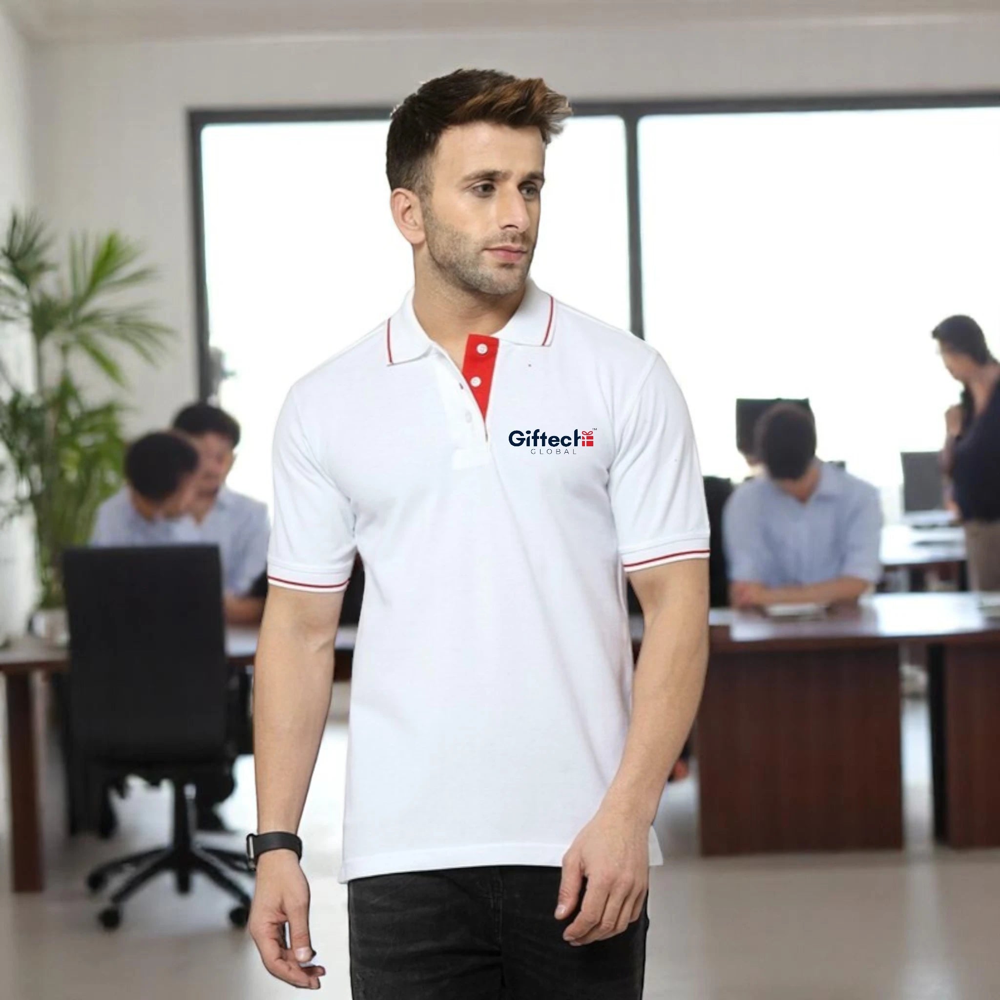 Men's Tipped Elegance Polo T-shirt with Embroidered Logo White with Red