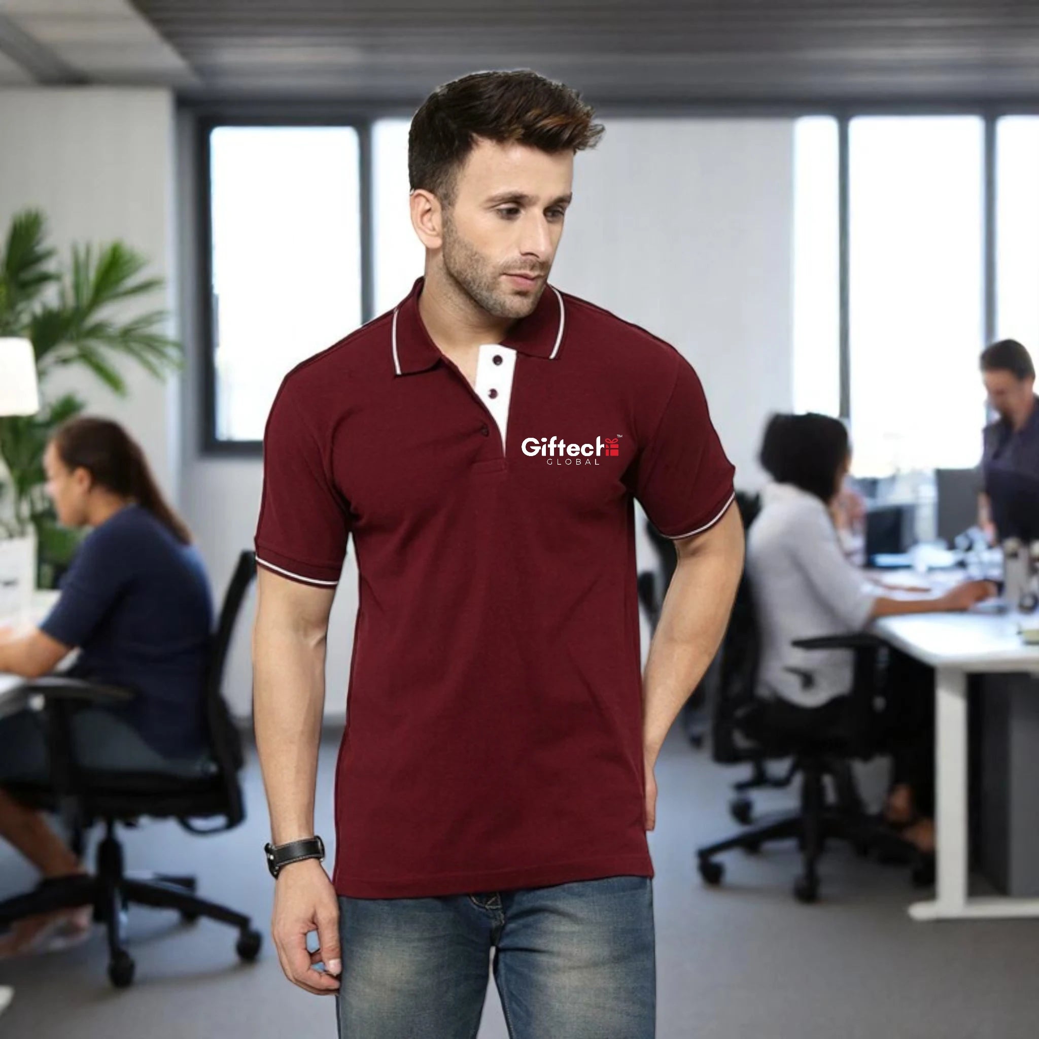 Men's Tipped Elegance Polo T-shirt with Embroidered Logo Maroon with White