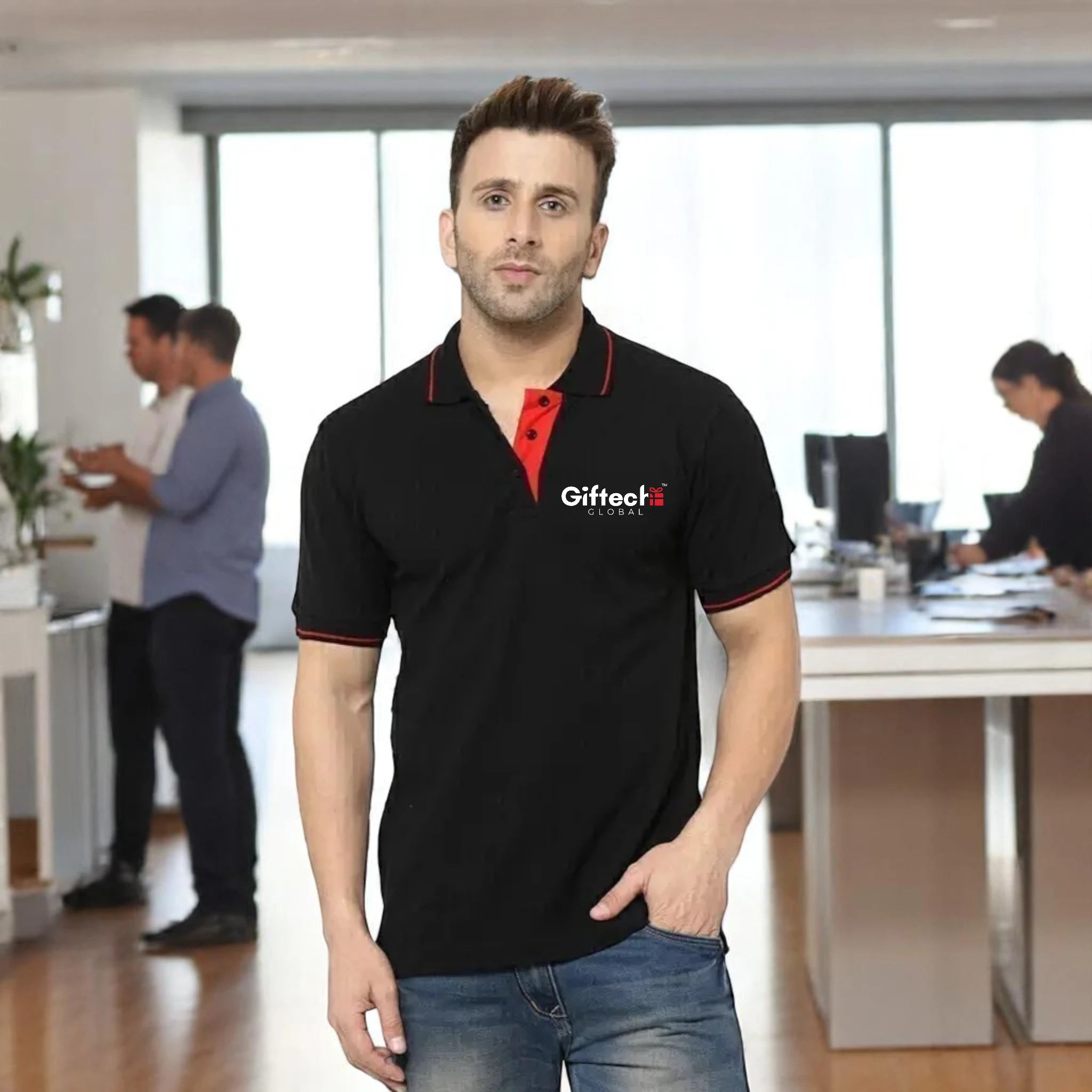 Men's Tipped Elegance Polo T-shirt with Embroidered Logo Black with Red
