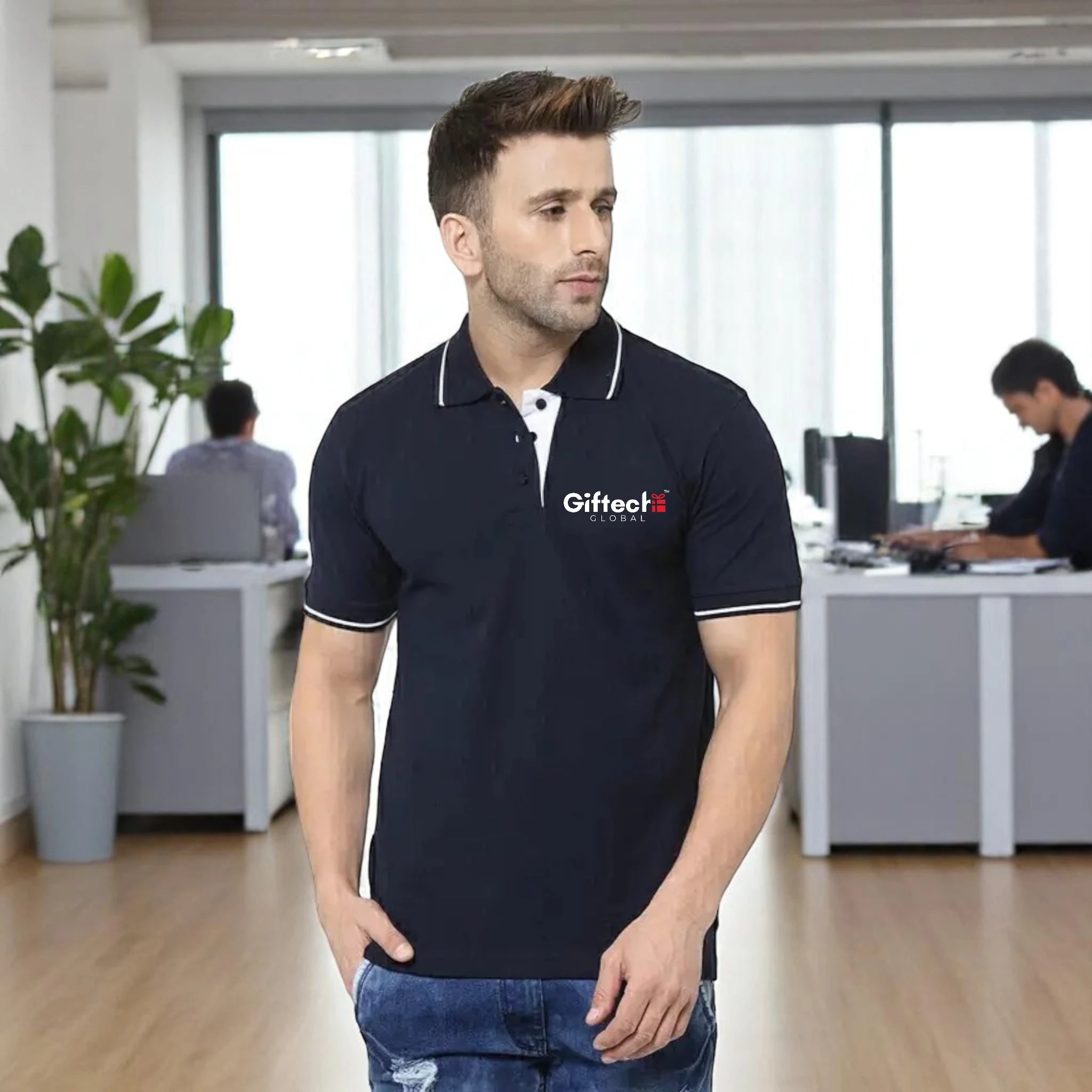 Men's Tipped Elegance Polo T-shirt with Embroidered Logo Navy Blue with White