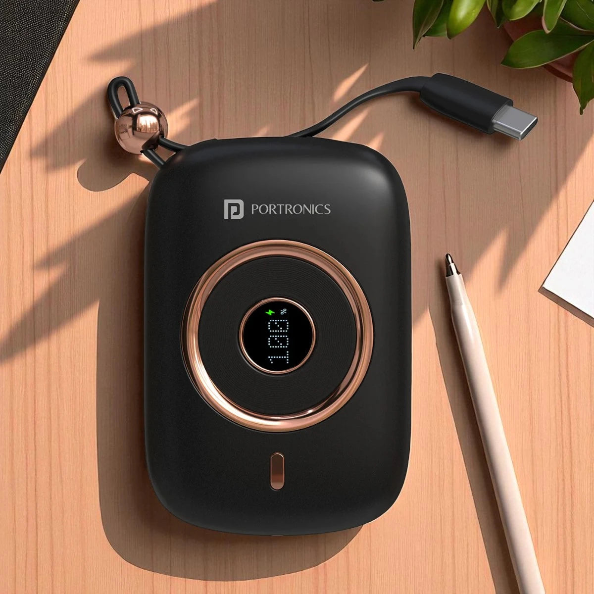 Black power bank with Portronics branding