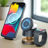 Wireless charging stand with smartphone, smartwatch, and wireless earbuds on a light surface.