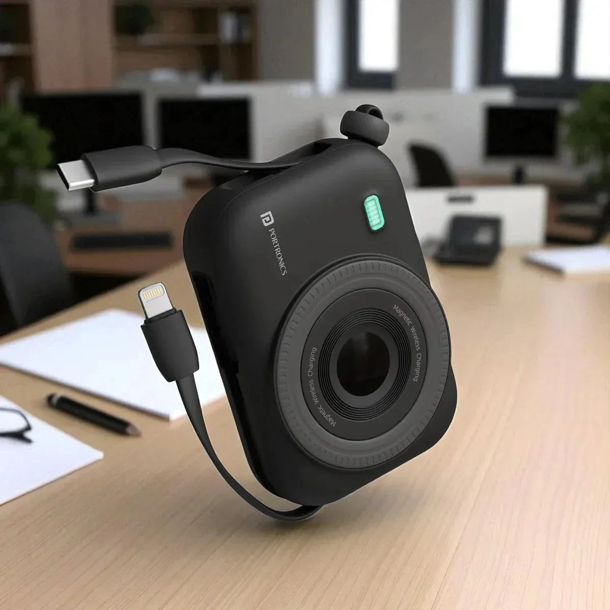 Black instant camera with USB cable on a desk in an office setting
