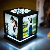 Personalized rotating lamp with custom couple photo, LED-lit cube design for ambient lighting in home decor and romantic gifts.