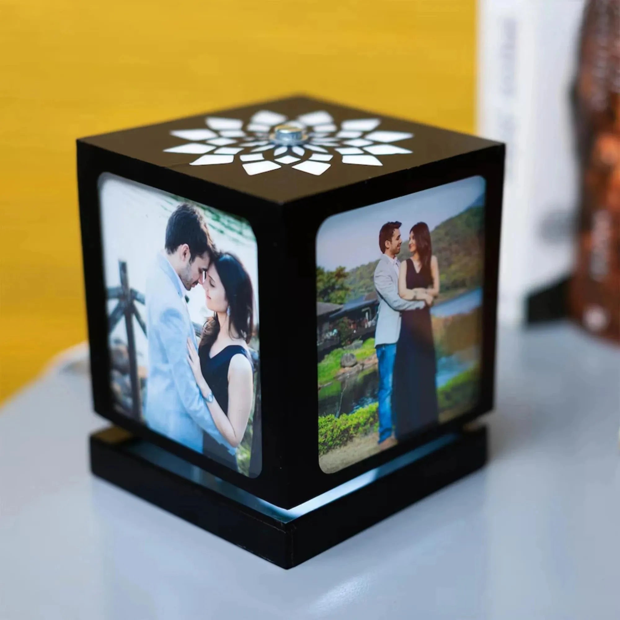 Custom photo rotating lamp featuring a couple's image, ideal for personalized home lighting and unique romantic gift ideas.
