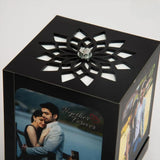 Close-up of personalized rotating lamp top with floral cutout design and custom photo panel, ideal for romantic home lighting gifts.