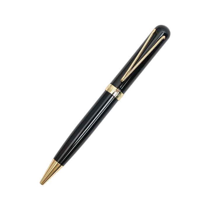 Black pen with gold accents on a white background