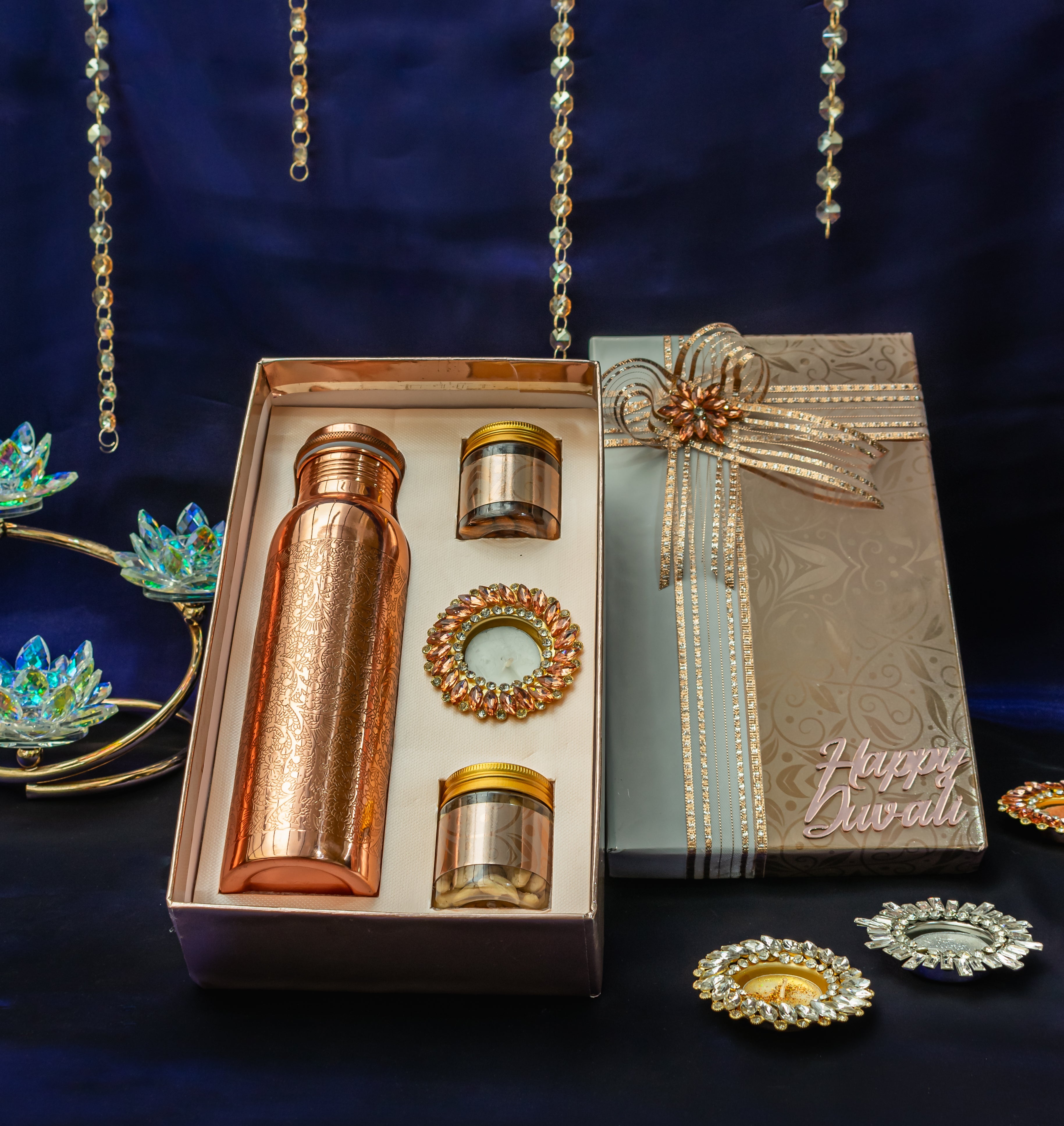 Dry Fruit Diya Hamper With Copper Bottle