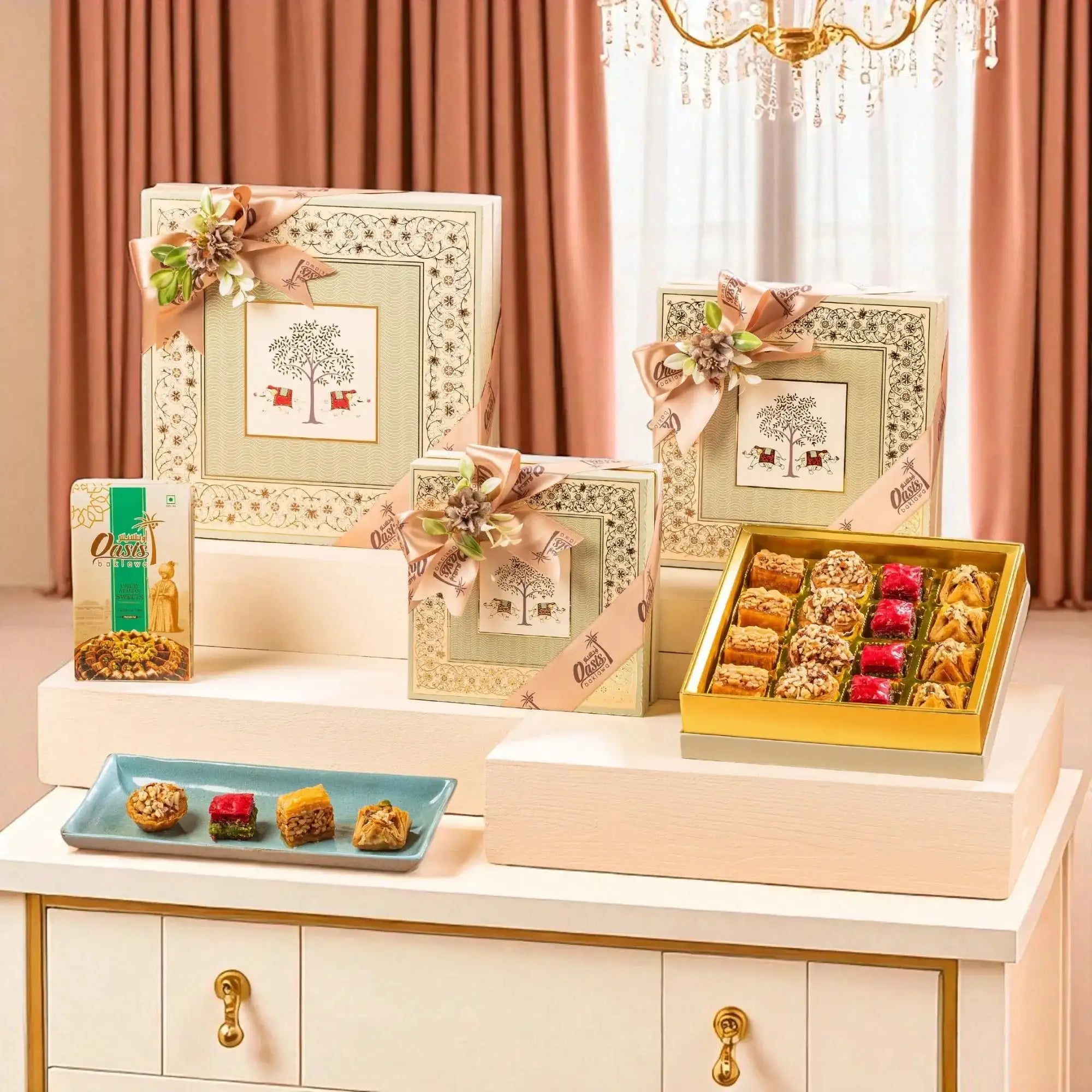 Elegant gift boxes from the Grand Delights Gourmet Hamper | Gift Hampers Online, filled with artisanal sweets and dry fruits for luxurious gifting.