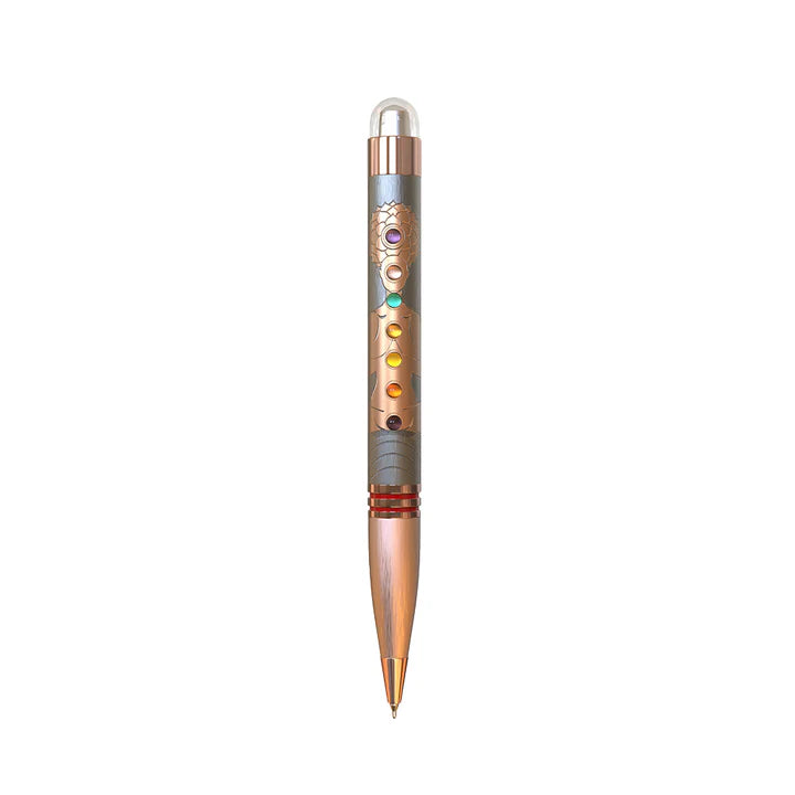 Decorative pen with multicolored accents on a white background