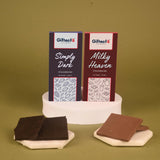 Dark & Milky Chocolate Duo - Simply Heaven | 65g Each set featuring Simply Dark and Milky Heaven bars with rich, smooth textures on display.