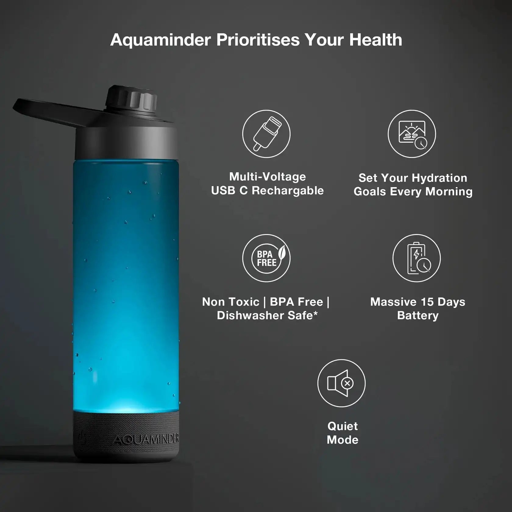 Blue water bottle with features listed on a dark background