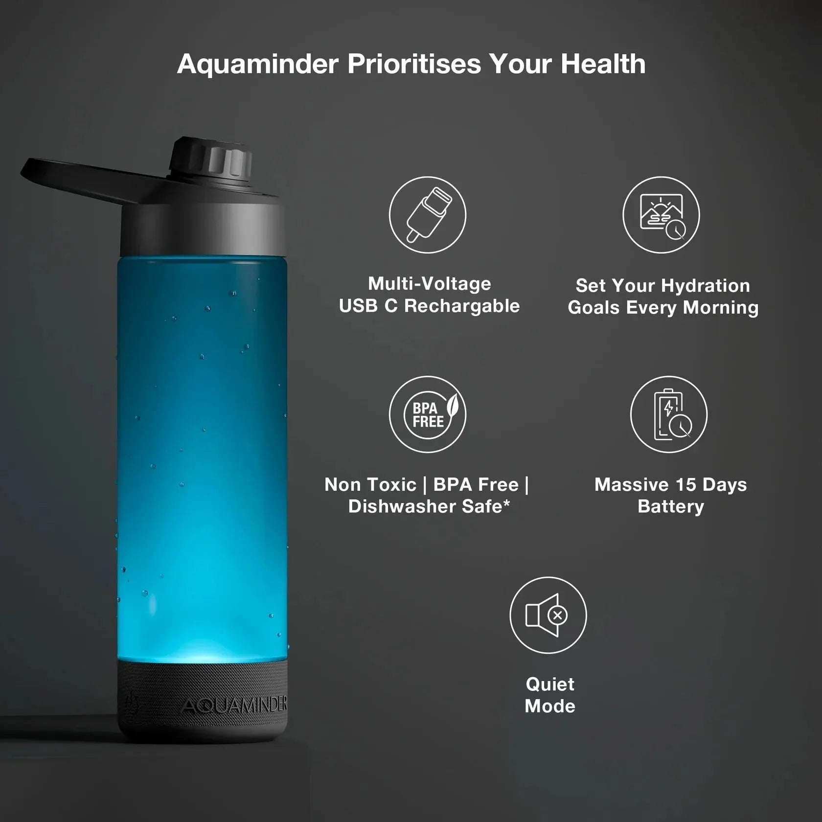 Blue water bottle with features listed on a dark background