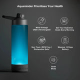 Blue water bottle with features listed on a dark background
