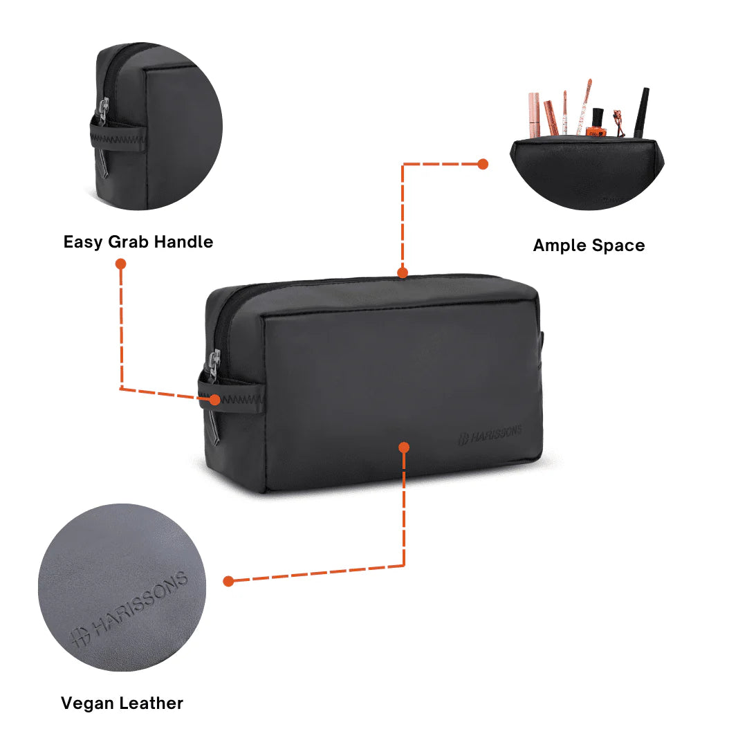 Black toiletry bag with features highlighted on a white background