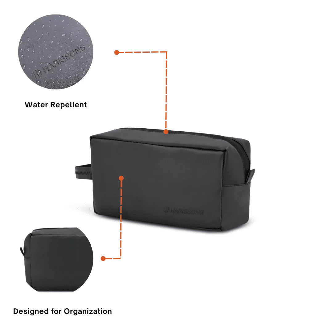 Black toiletry bag with water repellent feature and organization design on a white background