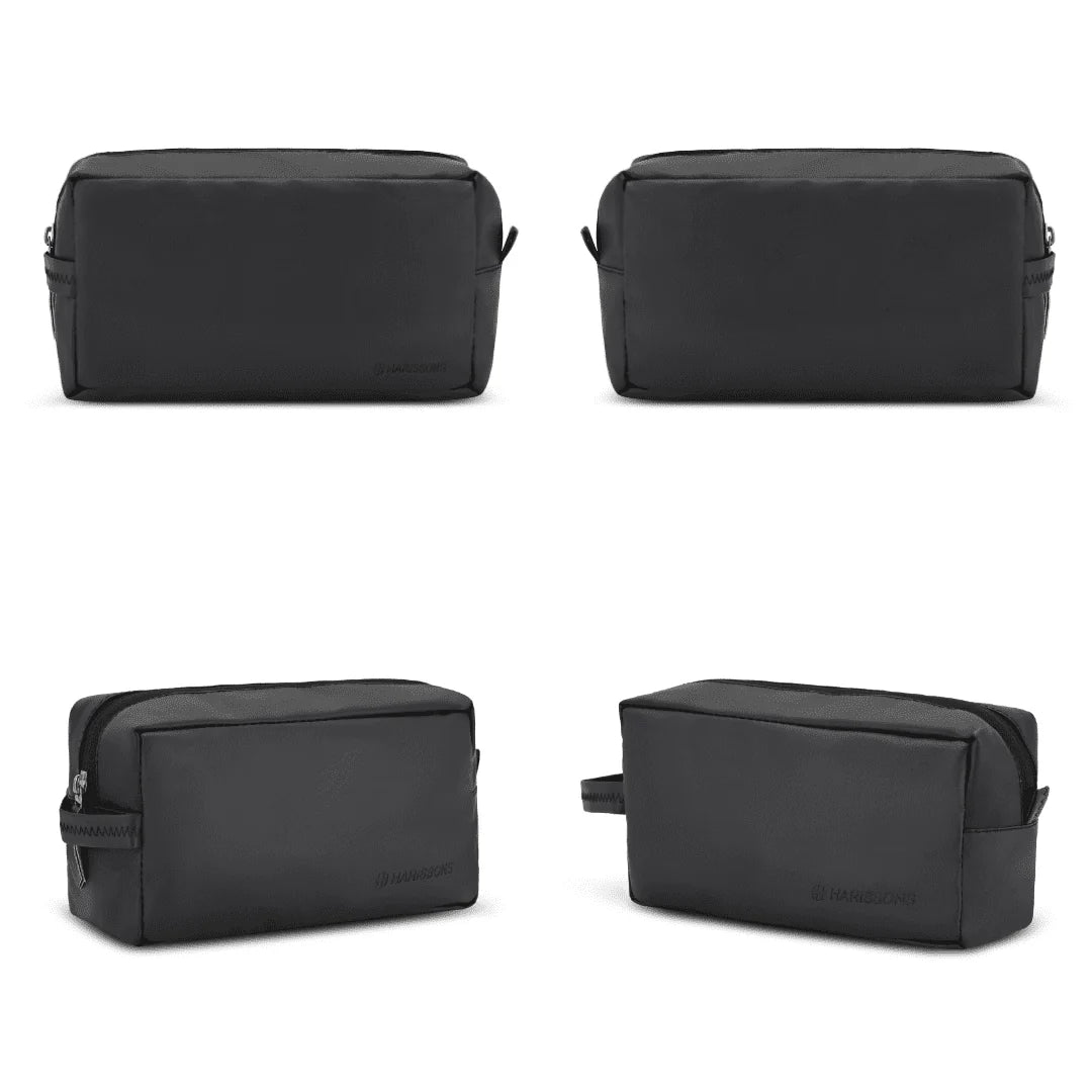 Four views of a black toiletry bag on a white background