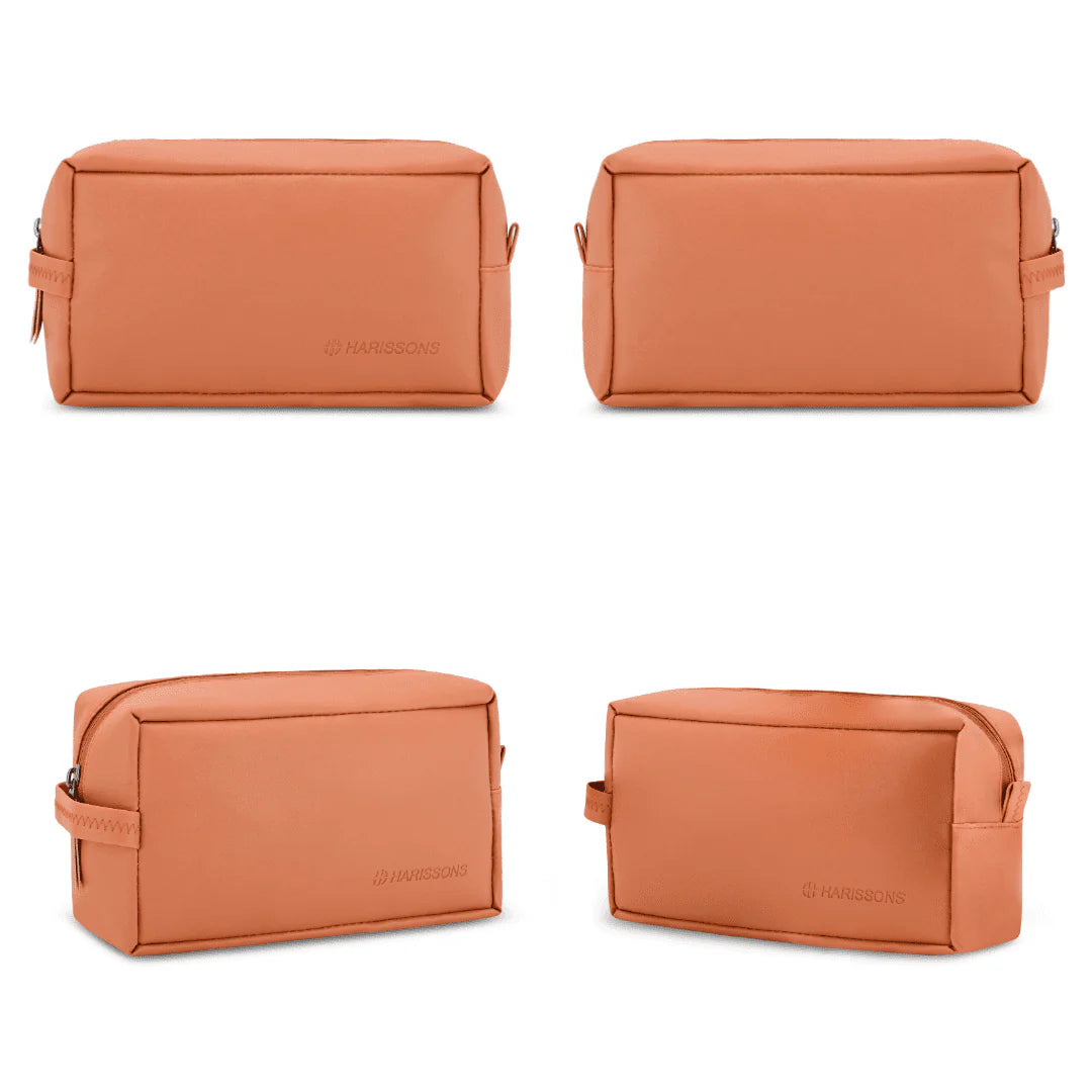 Four orange toiletry bags with a visible brand logo on a white background