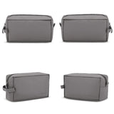 Four views of a gray toiletry bag on a white background