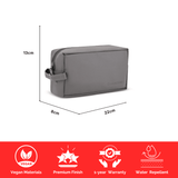 Gray toiletry bag with dimensions and product features on a white background