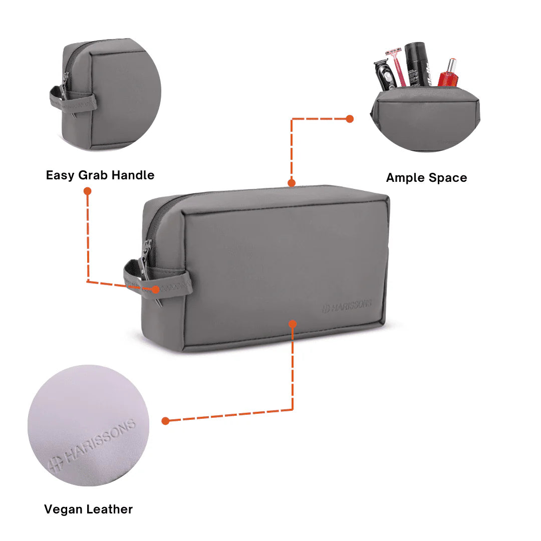 Gray toiletry bag with features highlighted on a white background