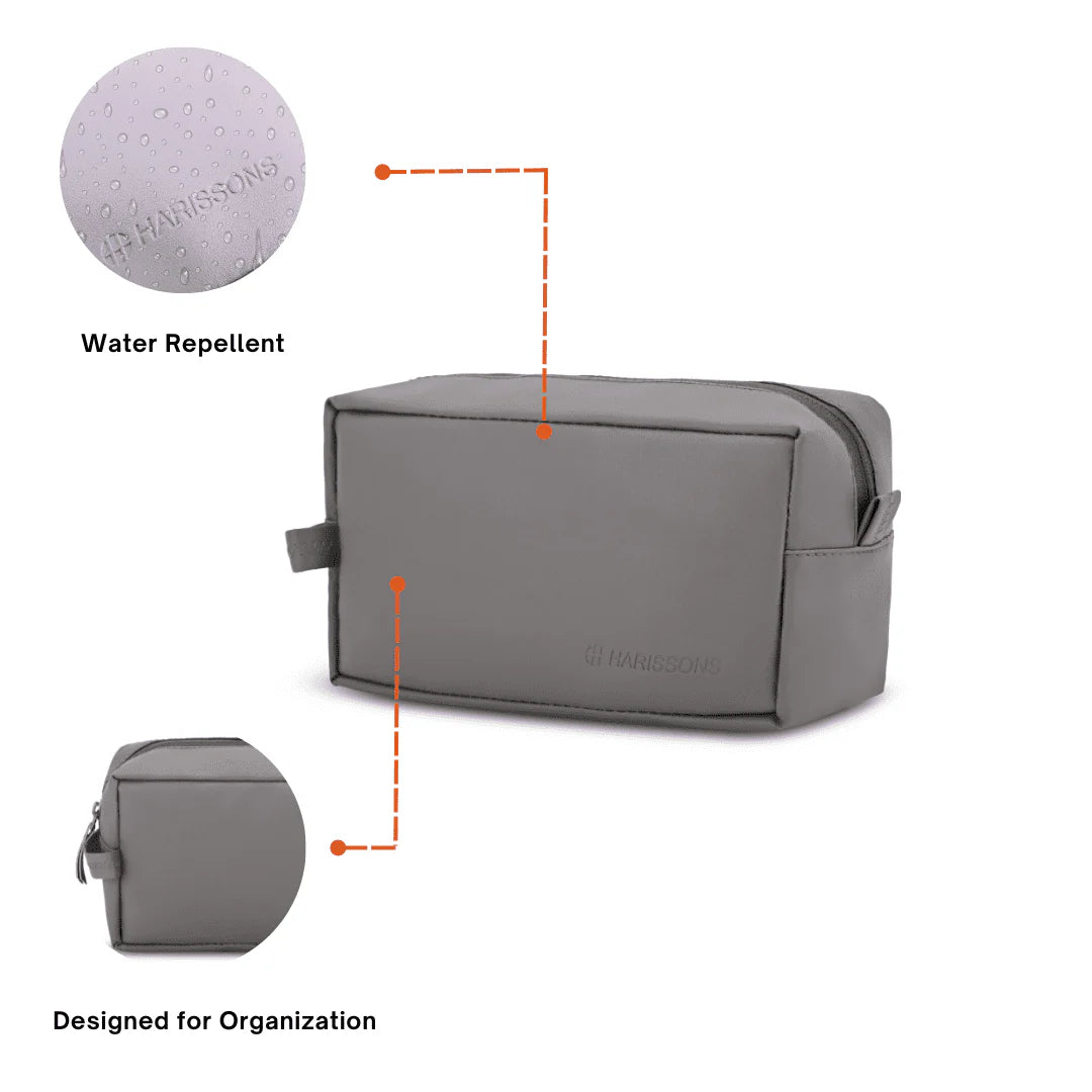 Gray toiletry bag with water repellent feature and organizational design on a white background