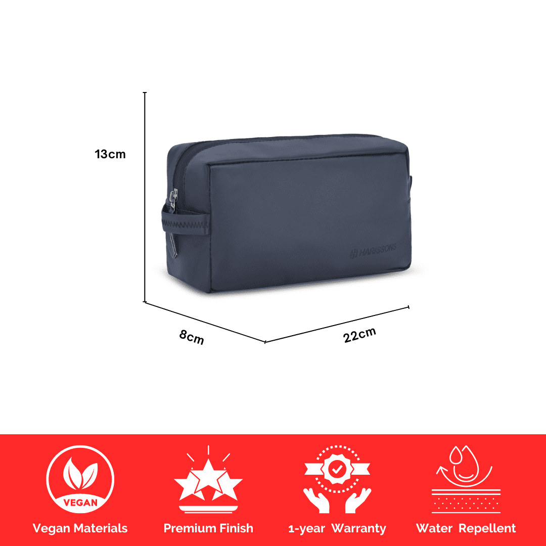 Navy toiletry bag with dimensions and product features on a white background