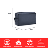 Navy toiletry bag with dimensions and product features on a white background