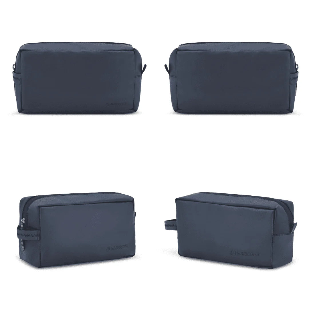 Four navy blue toiletry bags on a white background