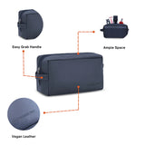 Blue toiletry bag with features highlighted on a white background