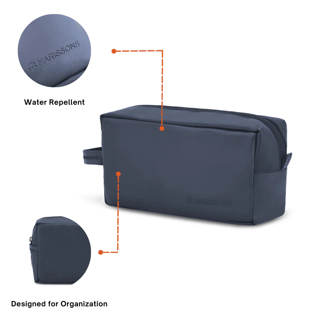 Navy toiletry bag with water repellent feature and Harrisons branding on a white background