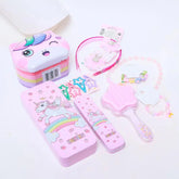 Unicorn Girl Accessory Kit - Sparkle & Shine featuring a unicorn lock box, hairband, comb, jewelry, clips, and pencil box in pastel colors.
