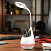 White LED desk lamp with pen holder on a wooden desk