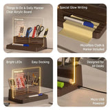 Clear acrylic board with stationery items, glowing text, and USB power features.