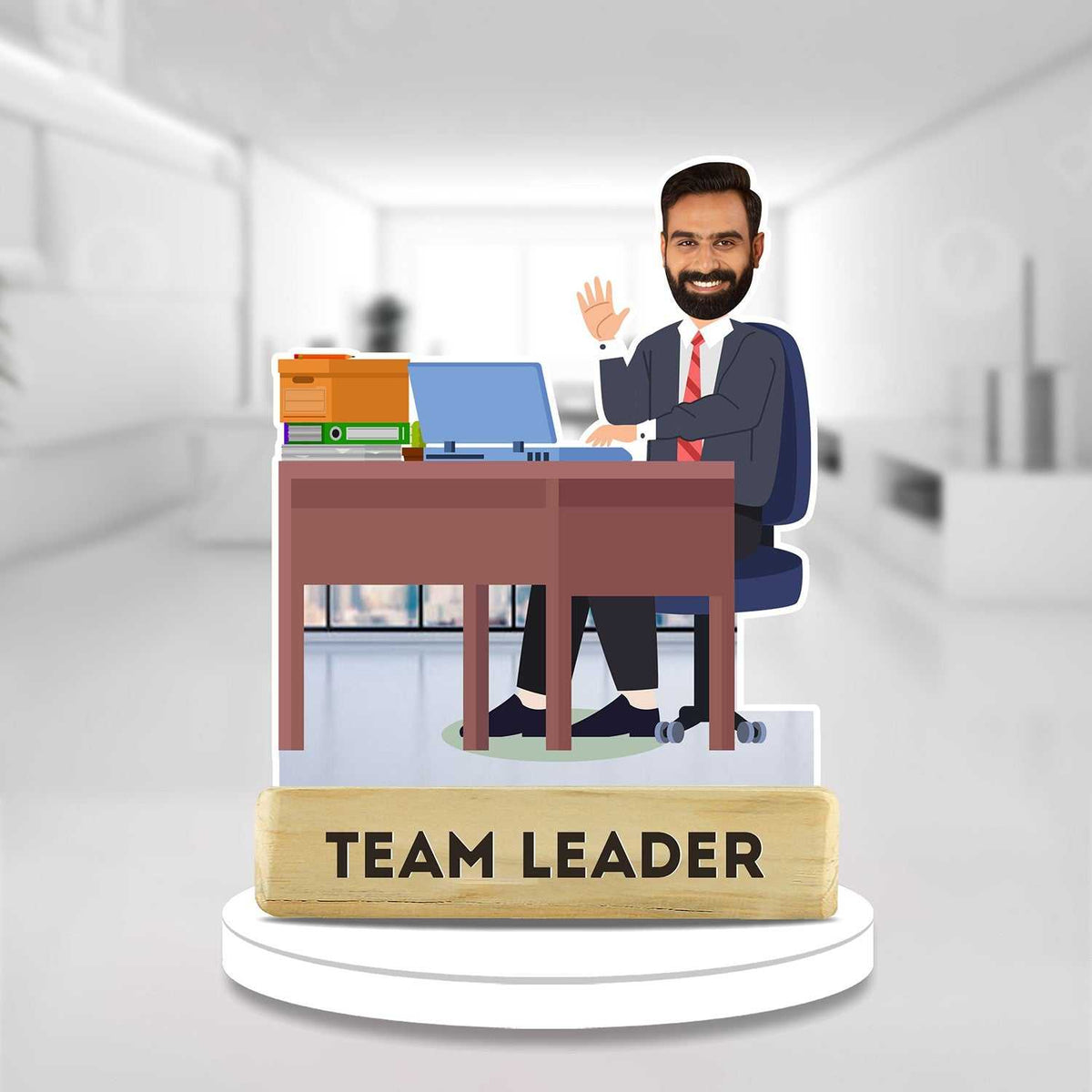 Team Leader Caricature Gift - Male Team Leader acrylic showpiece featuring a smiling man in a suit at a desk with 'Team Leader' plaque. Ideal for office decor or farewell gifts.